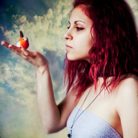 Shh, Let's Keep It A Secret - fine art creative photograph. photo print. self portrait. square 6x6. dreamland. robin. sky. clouds. surreal