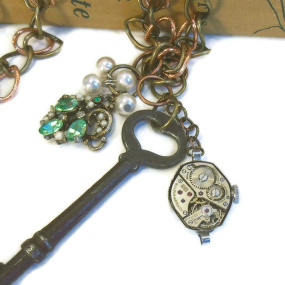Antique Skeleton Key  Necklace,  Vintage Art Deco Watch, Key To My Valentines Heart