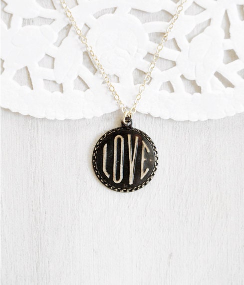 Love Stamped Pendant Necklace - Black and Gold Patina Charm