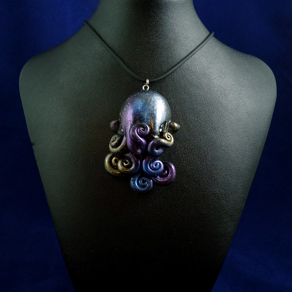 Deep Space Octopus Necklace - Polymer Clay Cephalopod Jewelry