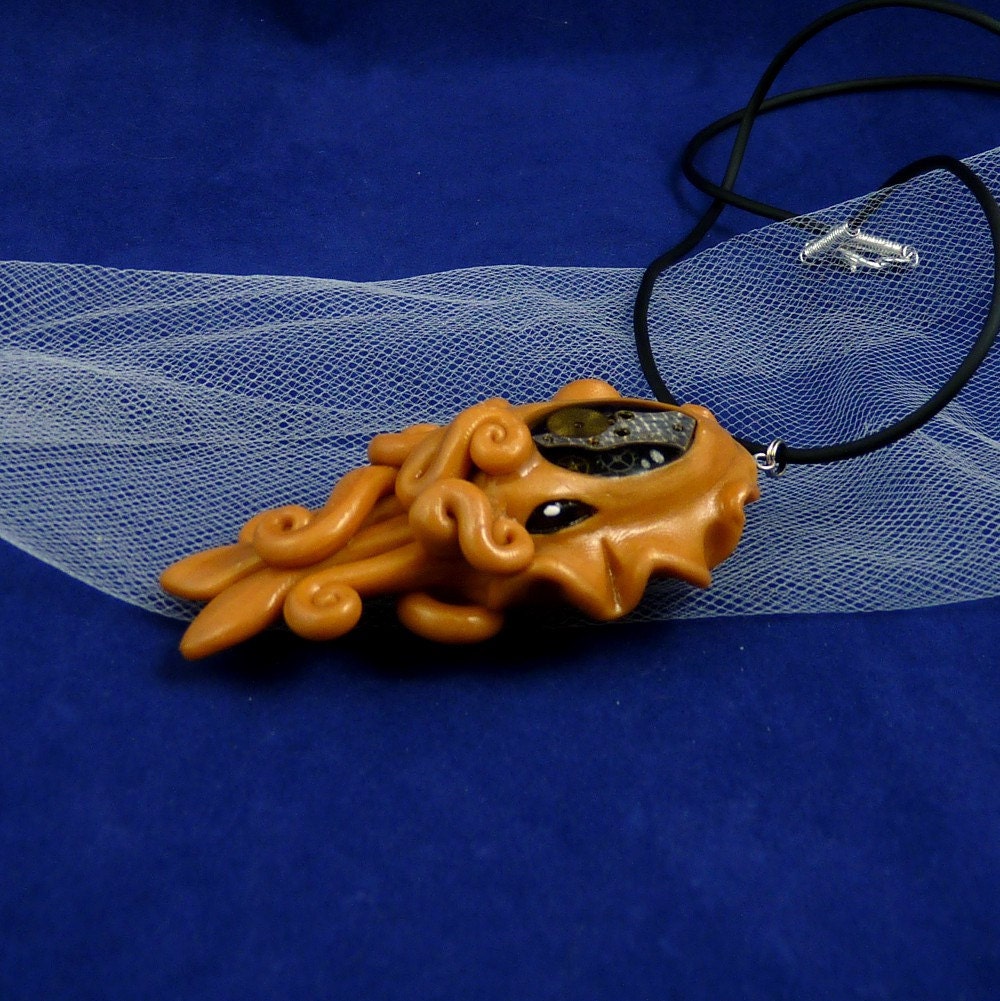 Brass Steampunk Cuttlefish Necklace - Handmade Polymer Clay Jewelry