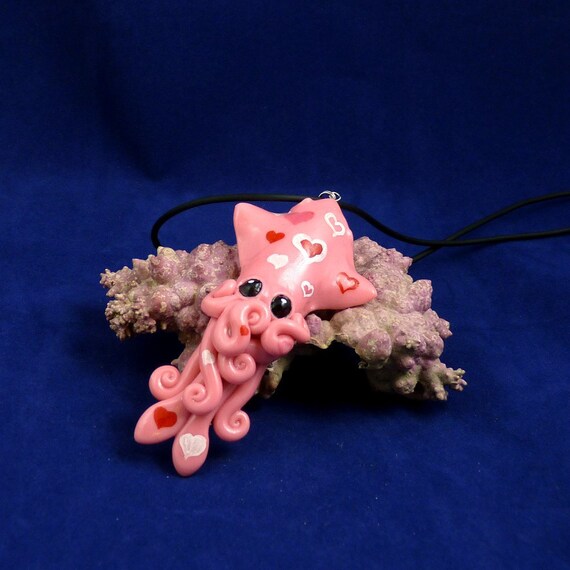Squid Love Necklace - Polymer Clay Jewelry Pendant