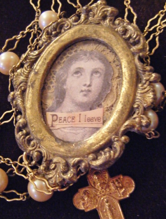 RESERVED SALE Religious necklace glass covered pendant Italy vintage antique Victorian chain vintage assemblage