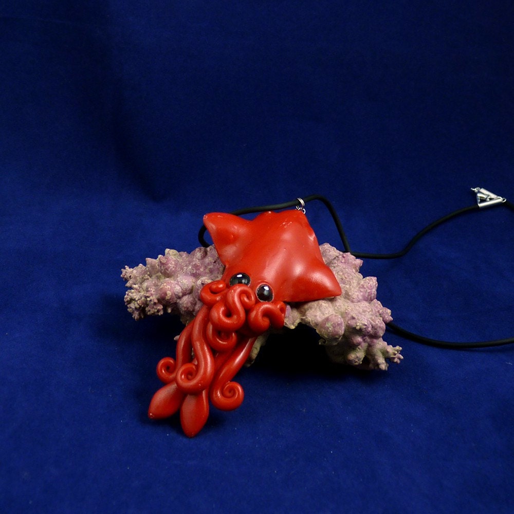 Crimson Squid Necklace - Polymer Clay Cephalopod Jewelry