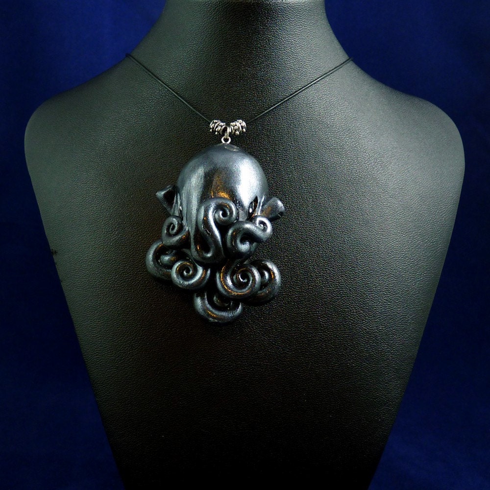 Antique Silver Octopus Necklace - Handmade Polymer Clay Jewelry
