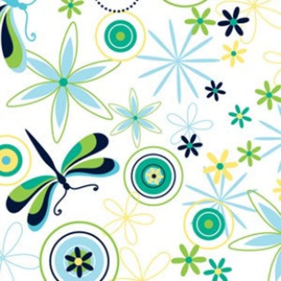 Green and Blue Dragonfly Fabric, Modern Blossom from Blue Hill Fabrics, Dragonfly Floral Print in Blue, 1 Yard