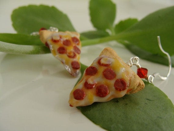 Pepperoni Pizza Slice Earrings - Miniature Food Polymer Clay Jewelry