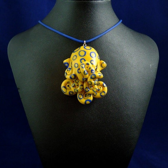 Blue Ringed Octopus Necklace - Yellow & Blue Polymer Clay Cephalopod Jewelry