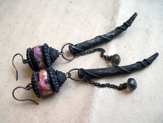 The Vandals. Rustic Assemblage Dagger Dangles. Black with Colorful Beads.