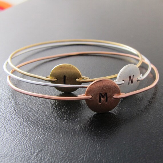 Hand Stamped Tricolor Personalized Custom Initial Bangle Bracelet Set, Gold, Silver, Copper, Tricolor Jewelry, Tricolor Bracelet Trio