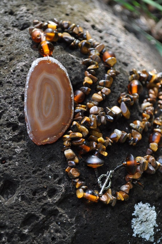 Tigers Eye Necklace with Amber/Topaz Sliced Agate Pendant