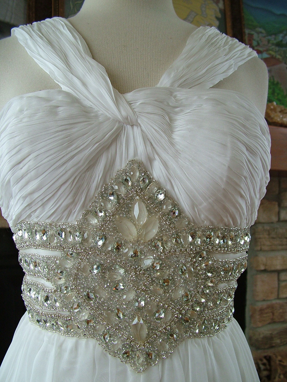Wedding dress grecian style silk beaded reception destination rhinestone 
