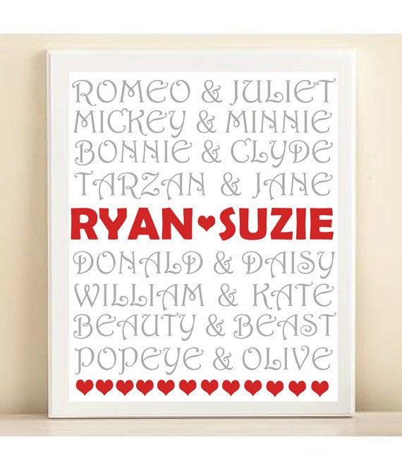  Print Personalized Names 8x10 Wedding Engagement Gift Gray Red