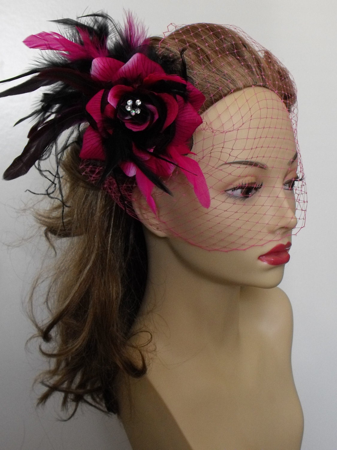 Hot pink and Black Fuchsia Headpiece and Birdcage veil :  wedding birdcage veil hair flower vintage fascinator and veil rose hot pink fuchsia veil black pink bridesmaids ceremony dress jewelry Il 570xN.304426663 Hot Pink and Black Headpiece, Fuchsia Fascinator, Vintage Fascinator, Rose, Feather, Style B034 