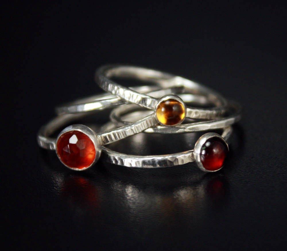 Stacking Gemstone Silver Rings, Warm Hues - Garnets with Citrine, Set of 5 - FREE shipping