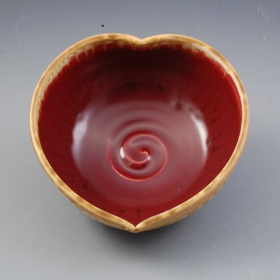 Valentines Heart shaped bowl cranberry red and golden brown handmade porcelain by Mark Hudak