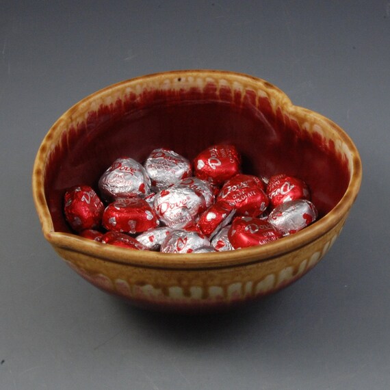 Valentines Heart shaped bowl cranberry red and golden brown handmade porcelain by Mark Hudak