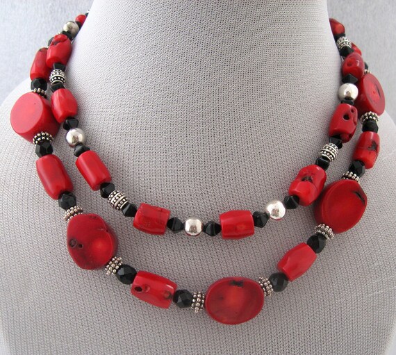 Red Coral Black Crystal Bead Necklace Double Strand