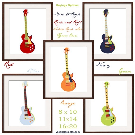 Guitar Prints Nursery -Toddler Wall Art in navy red orange yellow blue 3 pc 11x14 Matches Pottery Barn Madras bedding. By YassisPlace.