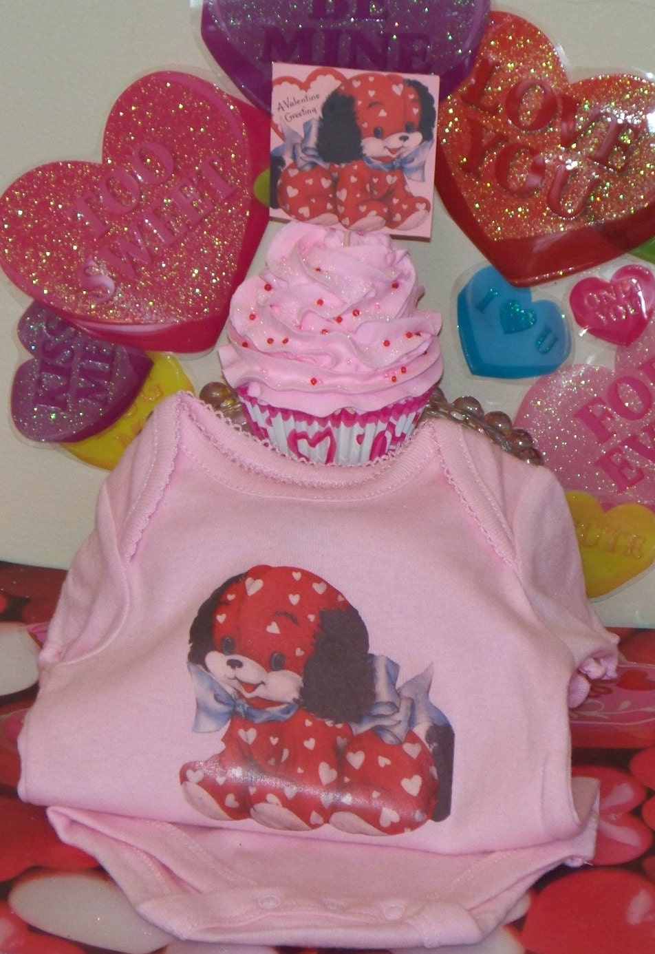 Fake Cupcake Creations Original Design Matching Fake Cupcake and Newborn Infant Baby Pink Onesie with Topper, Valentine Photo Prop, Keepsake