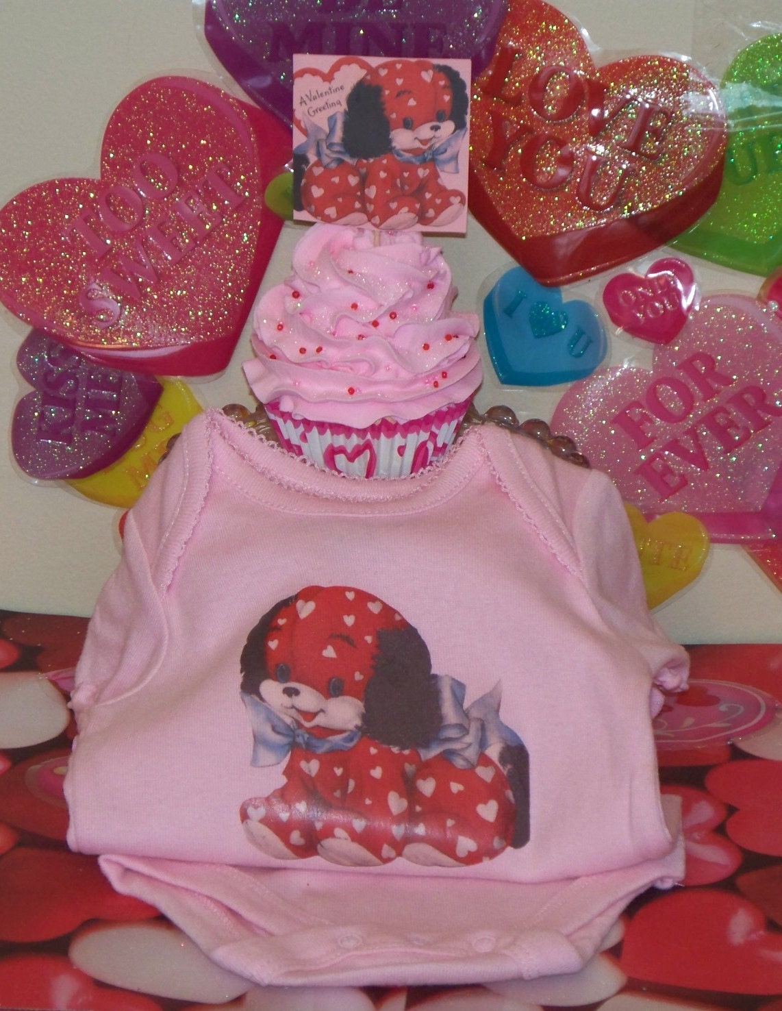 Fake Cupcake Creations Original Design Matching Fake Cupcake and Newborn Infant Baby Pink Onesie with Topper, Valentine Photo Prop, Keepsake