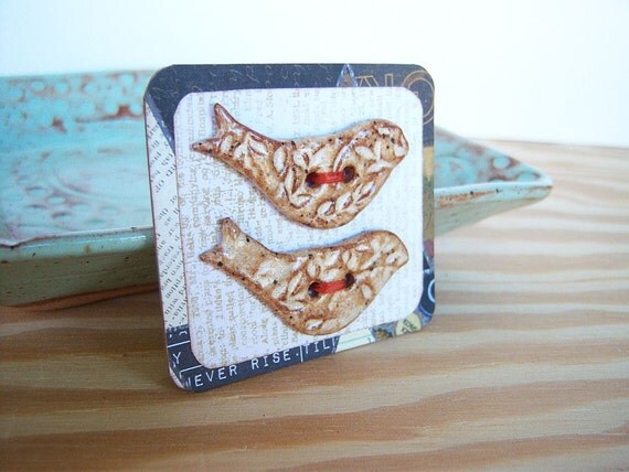 Rustic Textured Stoneware Bird Buttons in Speckled Tan Glaze - Set of 2