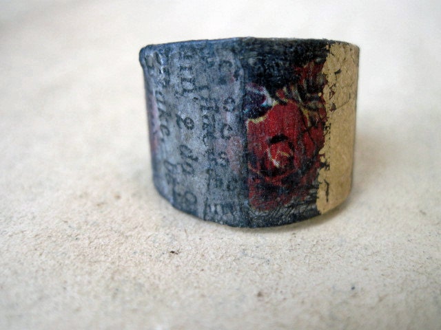 Pinchbeck. Recycled Tin Gold Bling Paper Decoupage Adjustable Ring.