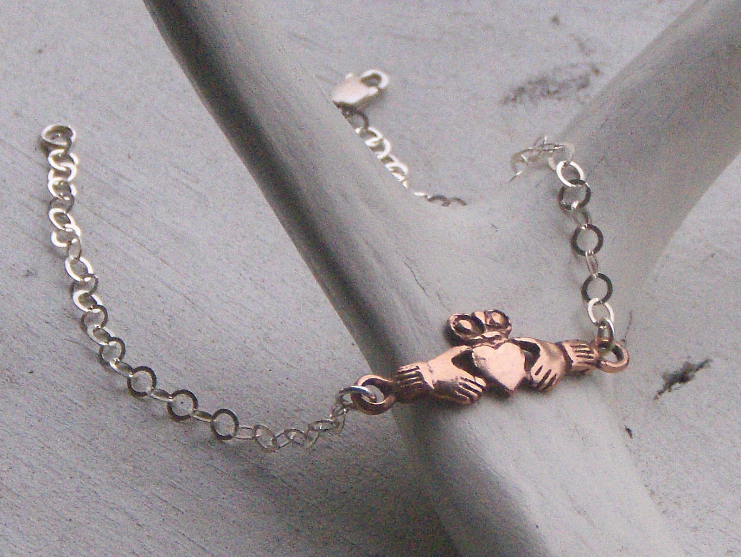 14K Russian Red Rose Gold Claddagh and Sterling Silver Bracelet. Wedding promise engagement