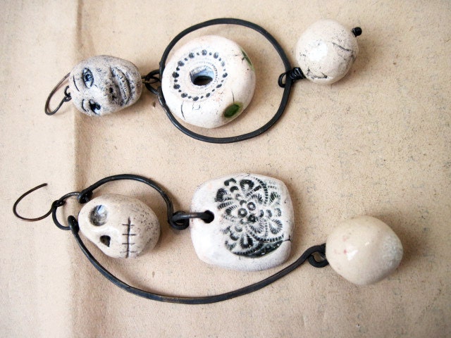 Quietus. Asymmetrical Assemblage Dangles with Ceramic Art Beads.