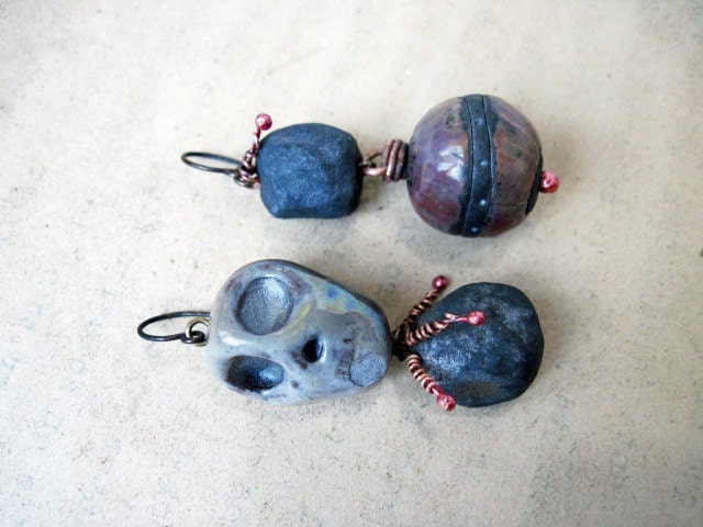 Vigesimation. Asymmetrical Dangles with Ceramic Raku Art Beads And Rosy Copper.
