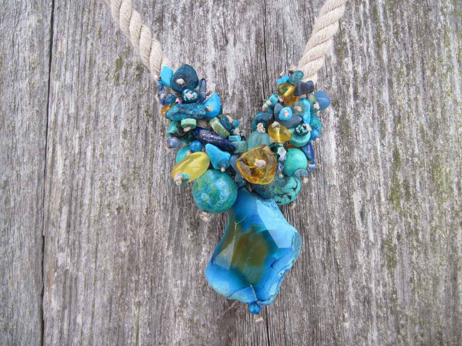 Baltic Amber Turquoise Necklace, Agua Del Mar Natural Stone Agate, Linen Necklace, Blue Teal Yellow Honey, Sailor Rope Necklace