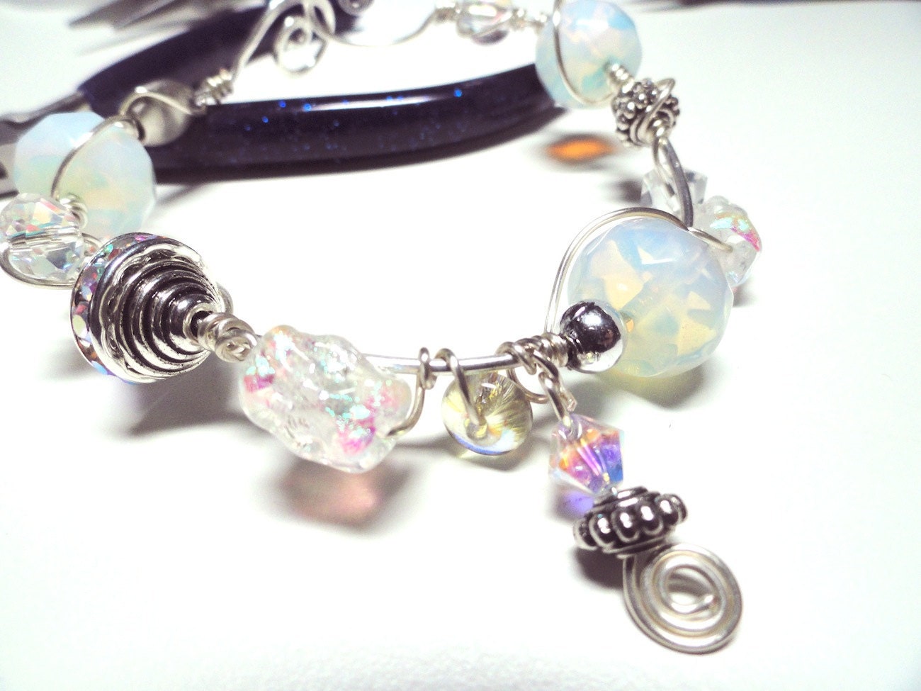 Winter White Lights Opalescent & Dichroic Bead SS Wire Wrapped Bracelet