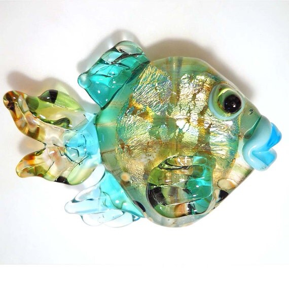Handmade Lampwork glass bead fish, aqua and silver jewelry pendant- animal necklace-focal supplies, SRA by Isinglass Design, glassbead