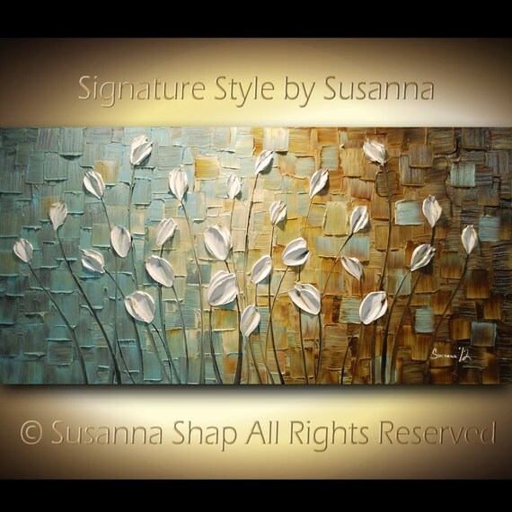 ORIGINAL Large Impasto Landscape Abstract White Tulips Oil Painting Modern Palette Knife Art by Susanna 48x24