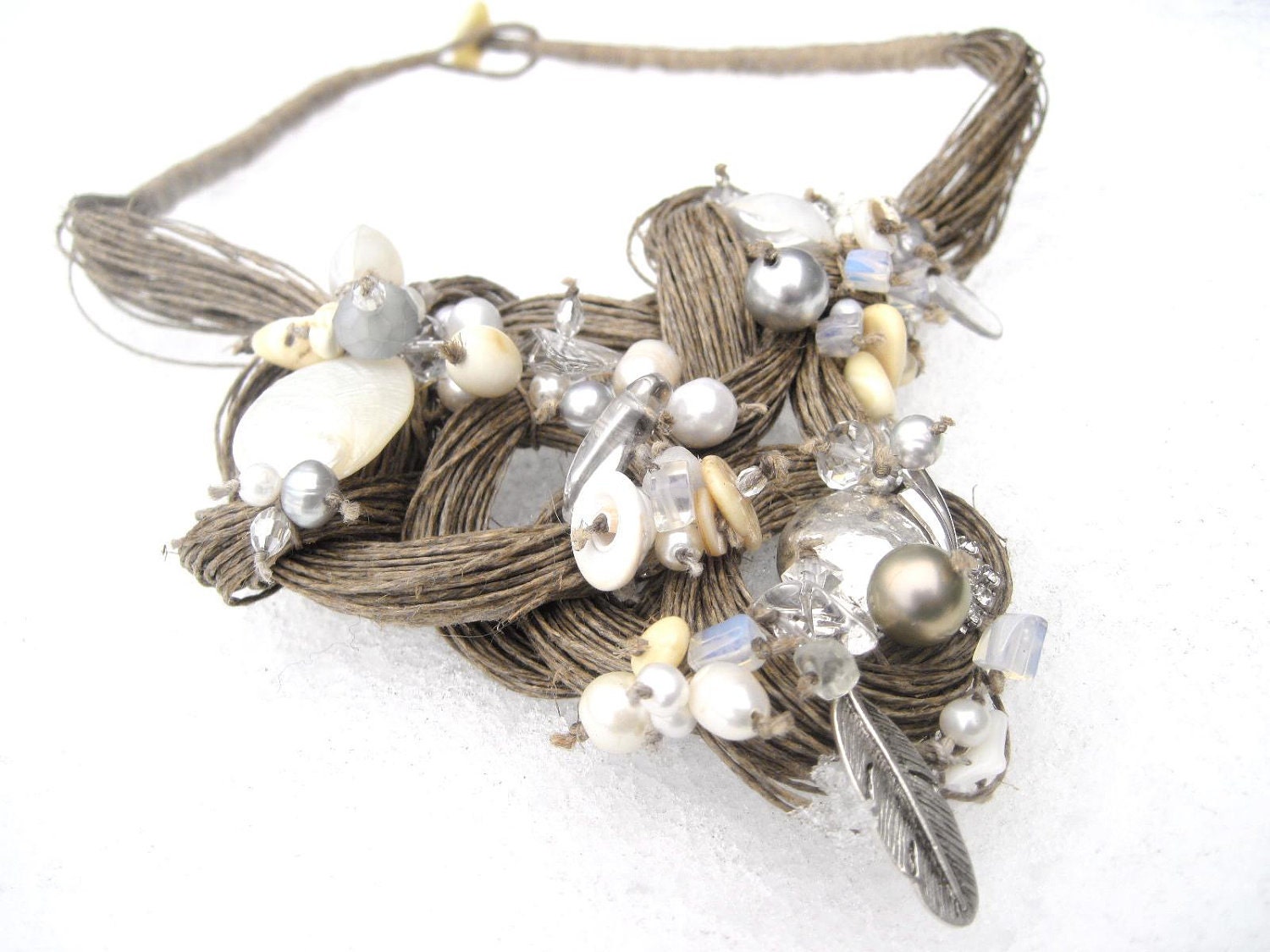 Macrame Linen Bib Necklace, White  Amber, Shells, Crystal, Pearls, Linen Necklace, Snow Queen Necklace