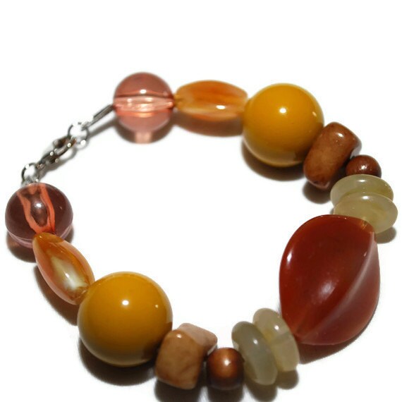 Earthtones in Brown Mustard and Orange Beaded Bracelet-ETSY TREASURY OOAK