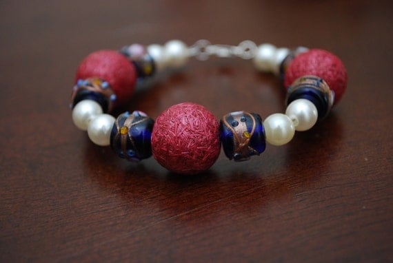 Pink Pearl and Blue Glass Beaded Bracelet-ETSY TREASURY OOAK
