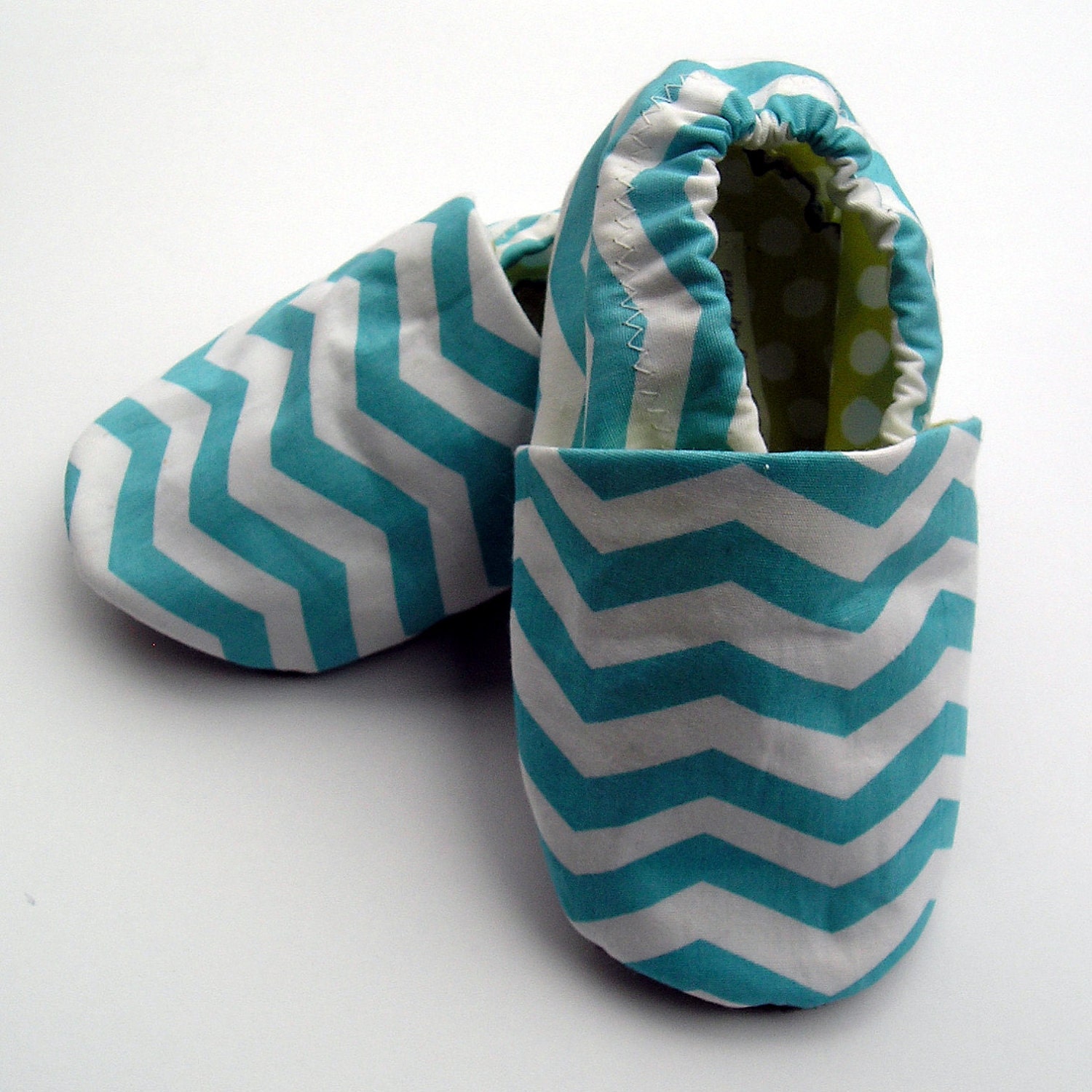 Ready to Ship 6  -12 months Organic Baby Blue Chevron Stripes Shoes in Turquoise and White with Lime Green Dotty Linings Handmade Baby Shoes