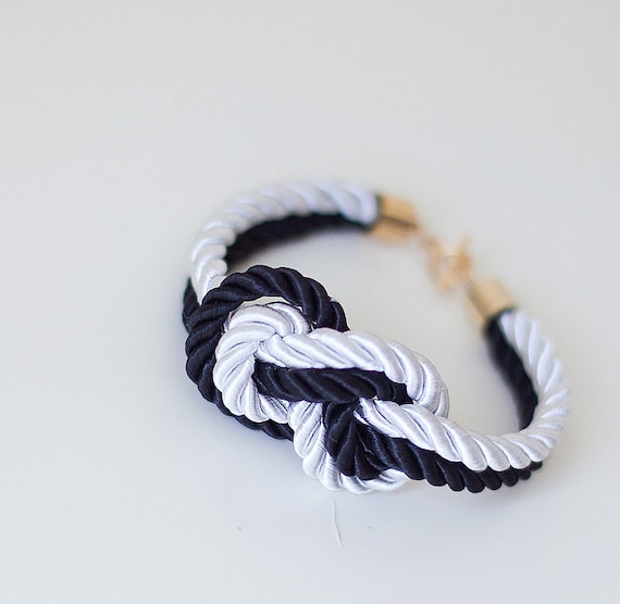 Bridesmaid Wedding Set of 3 Nautical Silk cord White and Black Bracelet with sailor knot by pardes