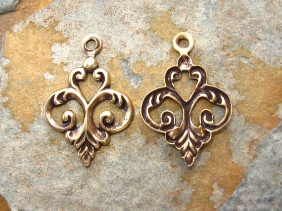 4 Fancy Fleur Drop 5mm x 20mm Antique Gold Patina Trinity Brass Co.  -  LOW SHIPPING