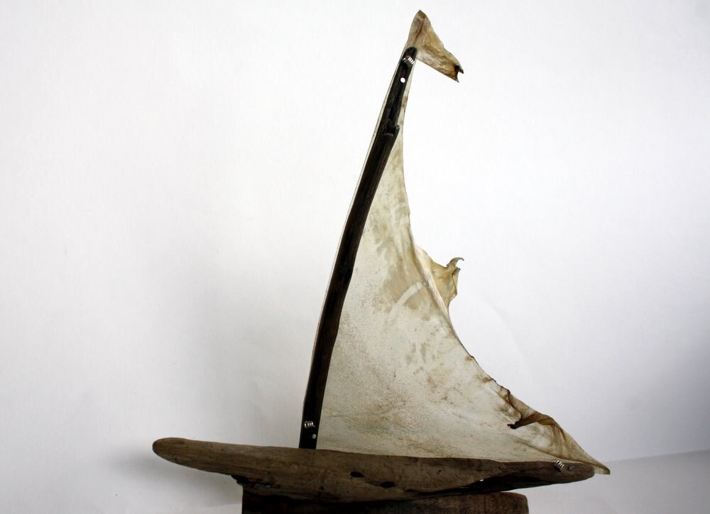 driftwood boat with a sail from genuine goatskin parchment... size 20 x 24 cm