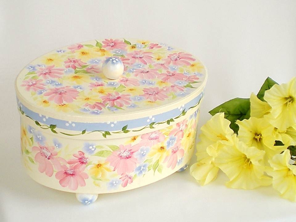 Hand Painted Decorative Hat Box - Storage Kitchen Bath Vanity Babys Room - Colorful Daisies White Polka Dots, Distinctive Oval Large Shape