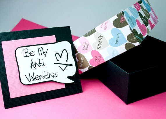 Boxed Valentine Set of Funny Anti-Valentine Cards in Pink and Black - Box and 6 Valentines
