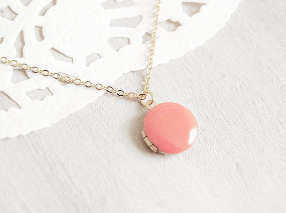 Coral Enamel Charm Locket -16k Gold Plated Necklace