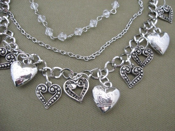 Silver Heart Charms Crystals Necklace Triple Strand