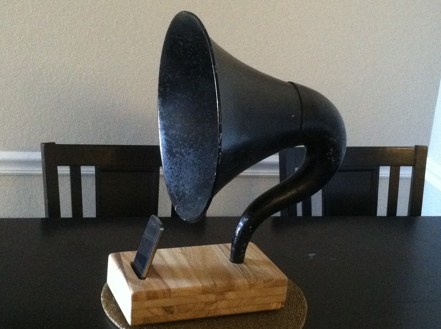 Acoustic  iPhone Speaker Dock Utilizing a Vintage Antique Atwater Kent Gramophone Phonograph Horn -CUSTOM - MADE to ORDER-