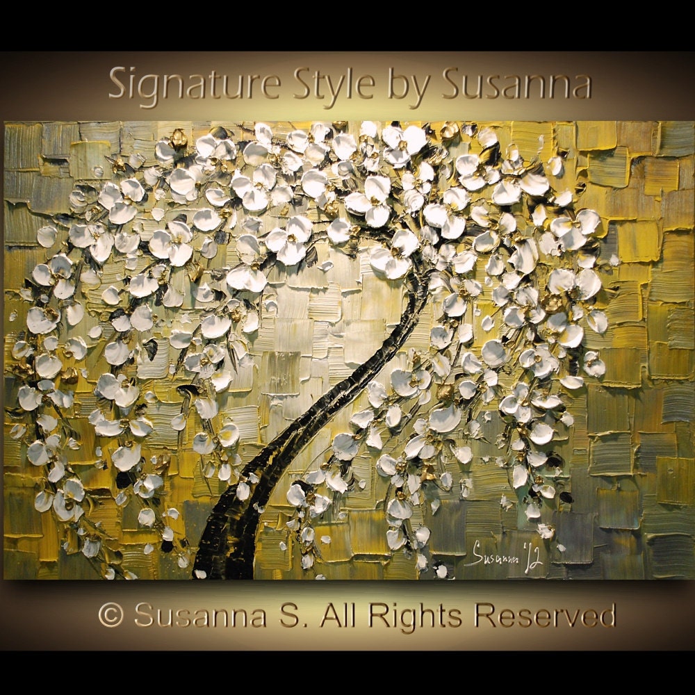 ORIGINAL Abstract Contemporary Weeping White Cherry Blossom Tree Painting Thick Texture Ready to Hang Gallery Canvas 36x24 by Susanna