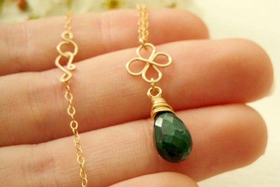 St. Patrick's Day jewelry - Genuine emerald briolette necklace with gold four leaf - 14k gold filled shamrock and green emerald