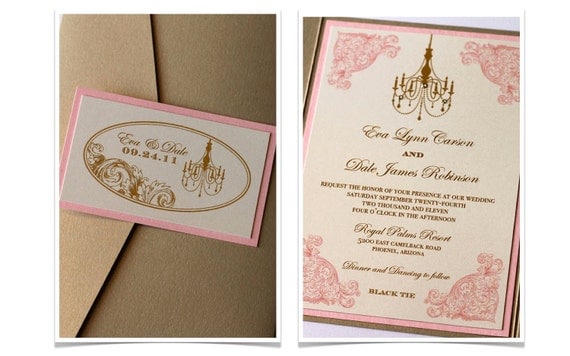 Eva Pocket fold Vintage Wedding Invitation Sample Ivory Gold and Pink