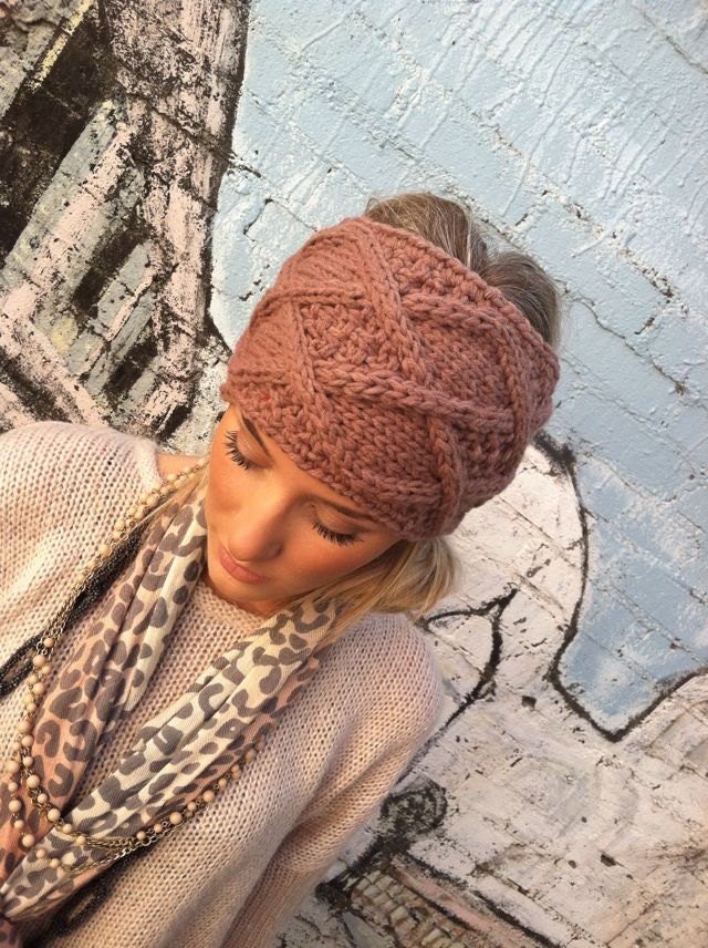 CARAMEL Knitted Headband- WIDE Cable Knit Ear Warmer Head Covering Adjustable Hair Wrap